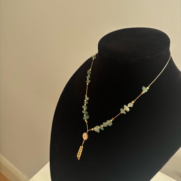 Gold Chain Necklace with Green Bead Accents and Daisy Pendant - Picture 5 of 7